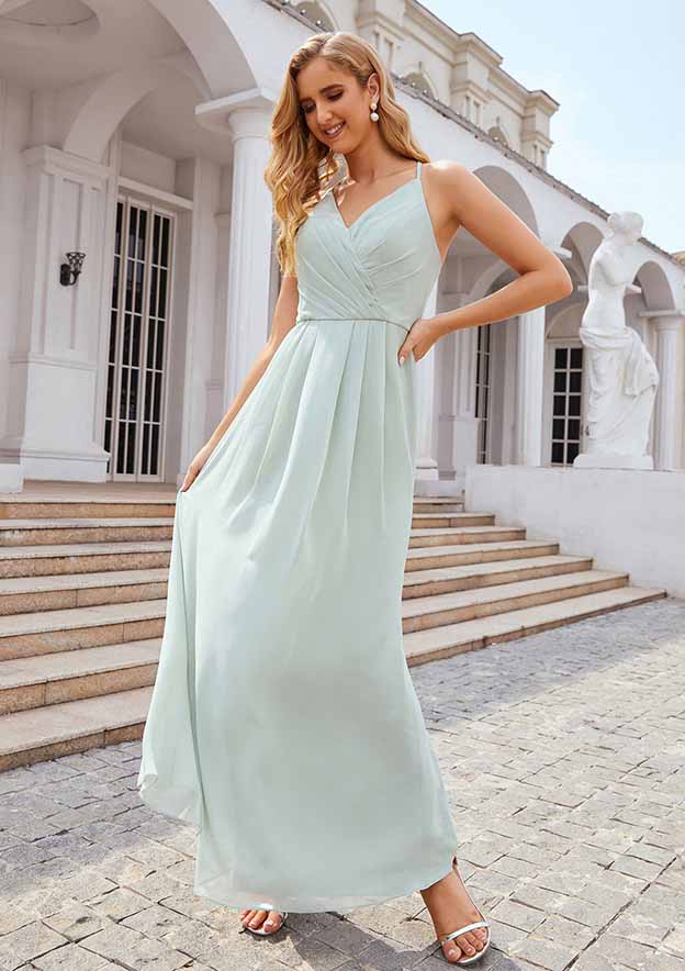 Floor-Length Chiffon Bridesmaid Dress, A-Line Style, V-Neck, Sleeveless, With Pleats (Repeated For Clarity) BM bride