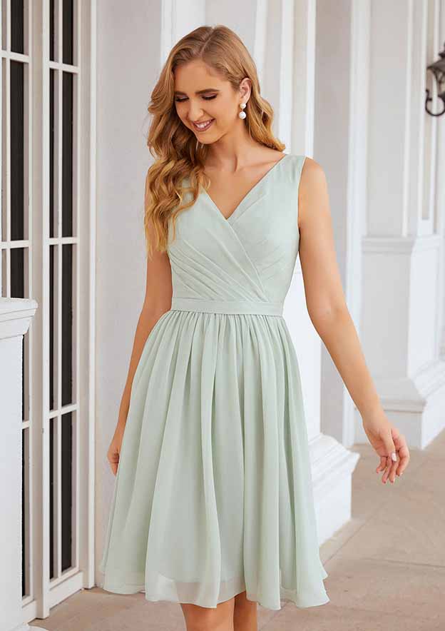 Knee-Length Chiffon Bridesmaid Dress, A-Line Shape, V-Neck, Sleeveless, Pleats, And Waistband BM bride