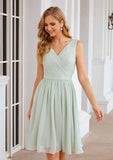 Knee-Length Chiffon Bridesmaid Dress, A-Line Shape, V-Neck, Sleeveless, Pleats, And Waistband BM bride