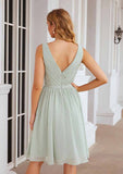 Knee-Length Chiffon Bridesmaid Dress, A-Line Shape, V-Neck, Sleeveless, Pleats, And Waistband BM bride