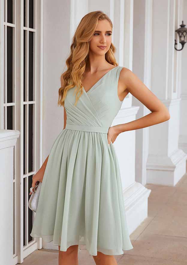 Knee-Length Chiffon Bridesmaid Dress, A-Line Shape, V-Neck, Sleeveless, Pleats, And Waistband BM bride