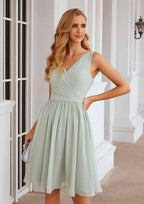 Knee-Length Chiffon Bridesmaid Dress, A-Line Shape, V-Neck, Sleeveless, Pleats, And Waistband BM bride