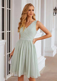 Knee-Length Chiffon Bridesmaid Dress, A-Line Shape, V-Neck, Sleeveless, Pleats, And Waistband BM bride