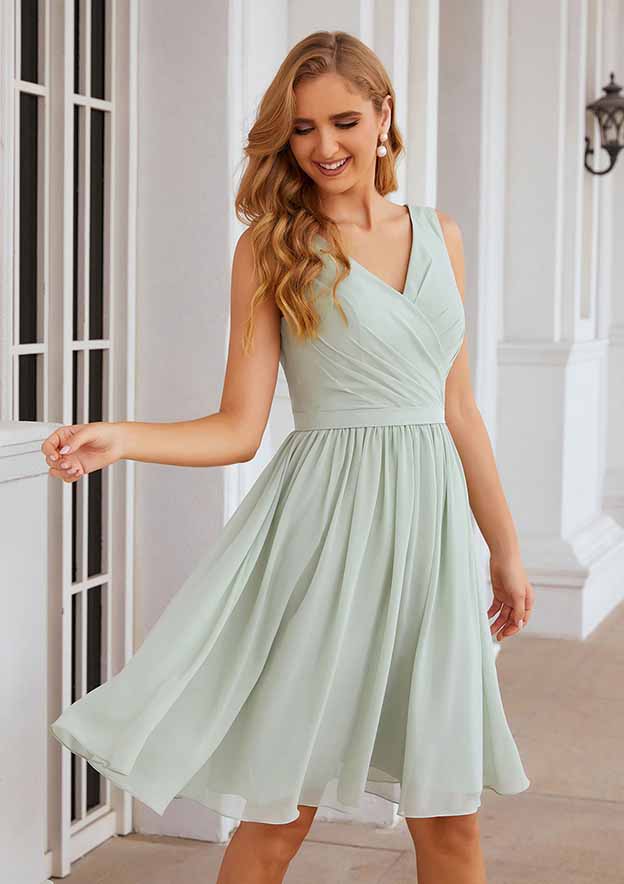 Knee-Length Chiffon Bridesmaid Dress, A-Line Shape, V-Neck, Sleeveless, Pleats, And Waistband BM bride