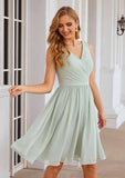 Knee-Length Chiffon Bridesmaid Dress, A-Line Shape, V-Neck, Sleeveless, Pleats, And Waistband BM bride