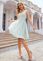 Knee-Length Chiffon Bridesmaid Dress, A-Line Shape, V-Neck, Sleeveless, Pleats, And Waistband BM bride