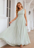Floor-Length Chiffon Bridesmaid Dress, A-Line Cut, One-Shoulder, Sleeveless, With Pleats BM bride