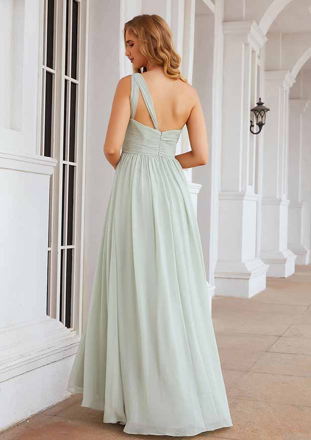 Floor-Length Chiffon Bridesmaid Dress, A-Line Cut, One-Shoulder, Sleeveless, With Pleats BM bride