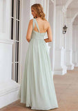 Floor-Length Chiffon Bridesmaid Dress, A-Line Cut, One-Shoulder, Sleeveless, With Pleats BM bride