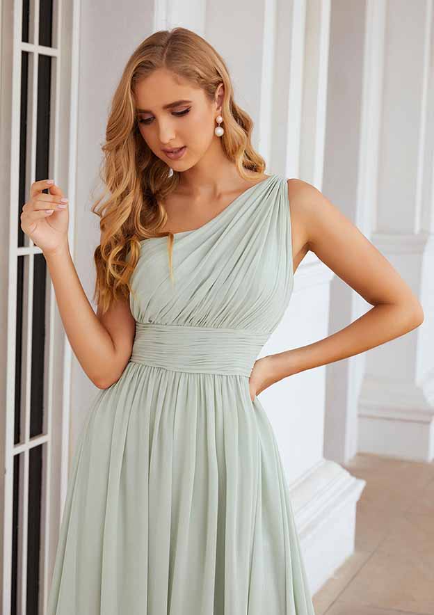 Floor-Length Chiffon Bridesmaid Dress, A-Line Cut, One-Shoulder, Sleeveless, With Pleats BM bride