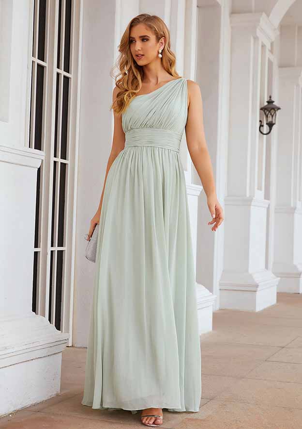 Floor-Length Chiffon Bridesmaid Dress, A-Line Cut, One-Shoulder, Sleeveless, With Pleats BM bride