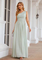 Floor-Length Chiffon Bridesmaid Dress, A-Line Cut, One-Shoulder, Sleeveless, With Pleats BM bride