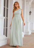Floor-Length Chiffon Bridesmaid Dress, A-Line Cut, One-Shoulder, Sleeveless, With Pleats BM bride