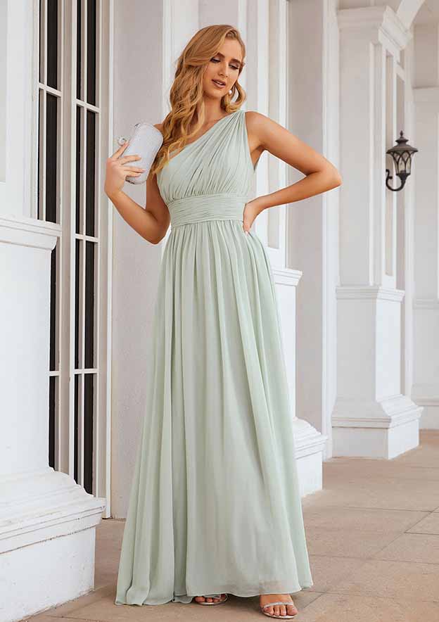 Floor-Length Chiffon Bridesmaid Dress, A-Line Cut, One-Shoulder, Sleeveless, With Pleats BM bride