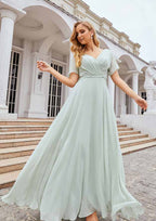 Floor-Length Chiffon Bridesmaid Dress, A-Line Style, V-Neck, Short Sleeves, Pleats, And Waistband BM bride