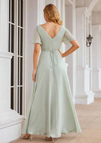 Floor-Length Chiffon Bridesmaid Dress, A-Line Style, V-Neck, Short Sleeves, Pleats, And Waistband BM bride