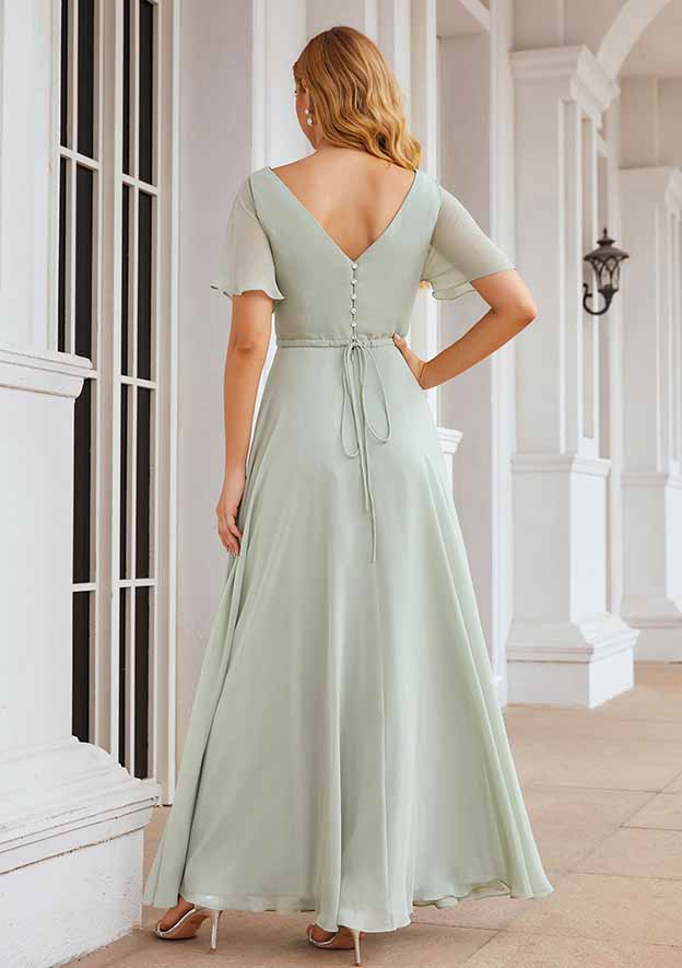 Floor-Length Chiffon Bridesmaid Dress, A-Line Style, V-Neck, Short Sleeves, Pleats, And Waistband BM bride