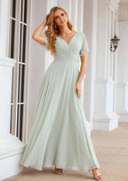 Floor-Length Chiffon Bridesmaid Dress, A-Line Style, V-Neck, Short Sleeves, Pleats, And Waistband BM bride