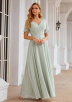 Floor-Length Chiffon Bridesmaid Dress, A-Line Style, V-Neck, Short Sleeves, Pleats, And Waistband BM bride