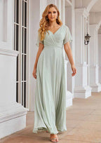 Floor-Length Chiffon Bridesmaid Dress, A-Line Style, V-Neck, Short Sleeves, Pleats, And Waistband BM bride