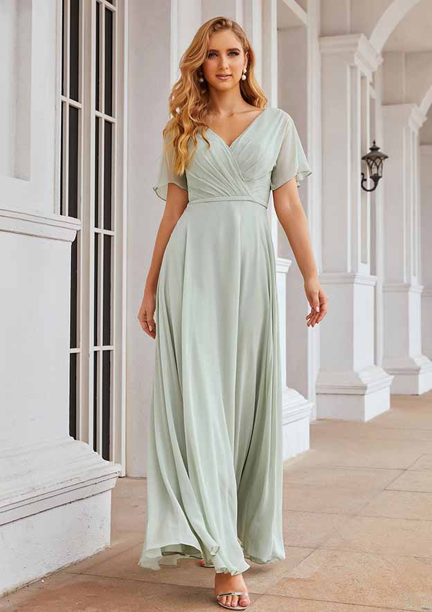 Floor-Length Chiffon Bridesmaid Dress, A-Line Style, V-Neck, Short Sleeves, Pleats, And Waistband BM bride