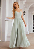 A-Line Floor-Length Sleeveless Chiffon Bridesmaid Dress, V-Neck With Pleats And Split BM bride