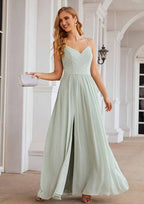 A-Line Floor-Length Sleeveless Chiffon Bridesmaid Dress, V-Neck With Pleats And Split BM bride