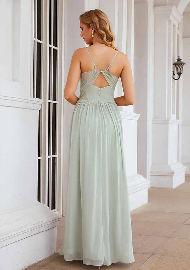 A-Line Floor-Length Sleeveless Chiffon Bridesmaid Dress, V-Neck With Pleats And Split BM bride