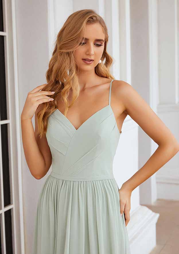 A-Line Floor-Length Sleeveless Chiffon Bridesmaid Dress, V-Neck With Pleats And Split BM bride