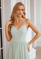 A-Line Floor-Length Sleeveless Chiffon Bridesmaid Dress, V-Neck With Pleats And Split BM bride
