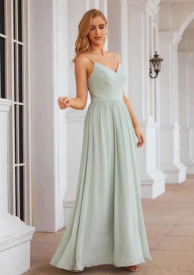 A-Line Floor-Length Sleeveless Chiffon Bridesmaid Dress, V-Neck With Pleats And Split BM bride