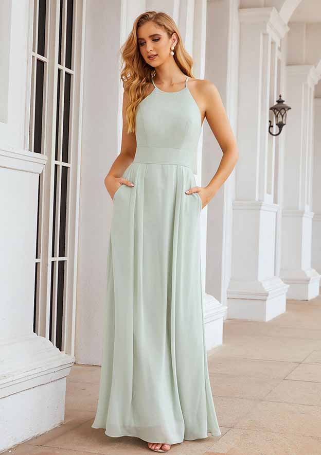 Floor-Length Chiffon Bridesmaid Dress, A-Line Style, Scoop Neck, Sleeveless, Pleats, And Pockets BM bride