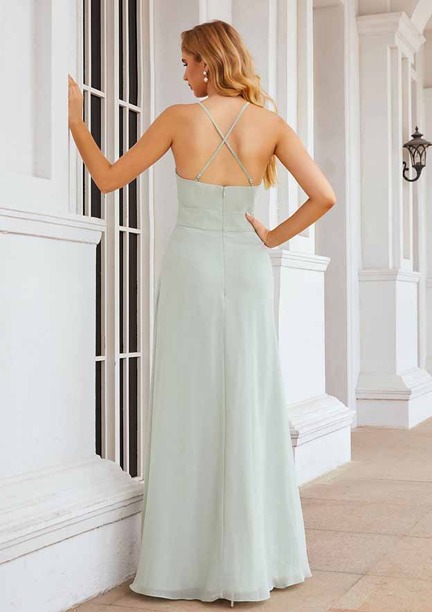 Floor-Length Chiffon Bridesmaid Dress, A-Line Style, Scoop Neck, Sleeveless, Pleats, And Pockets BM bride