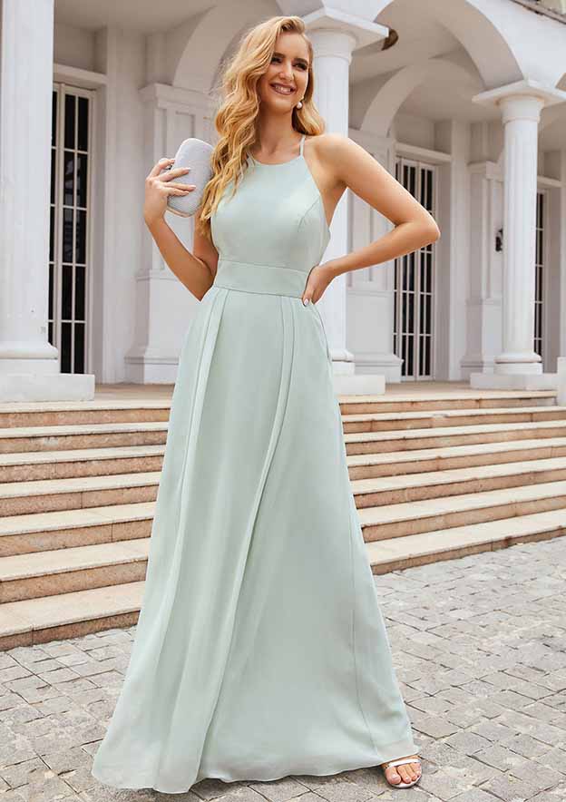 Floor-Length Chiffon Bridesmaid Dress, A-Line Style, Scoop Neck, Sleeveless, Pleats, And Pockets BM bride