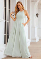 Floor-Length Chiffon Bridesmaid Dress, A-Line Style, Scoop Neck, Sleeveless, Pleats, And Pockets BM bride