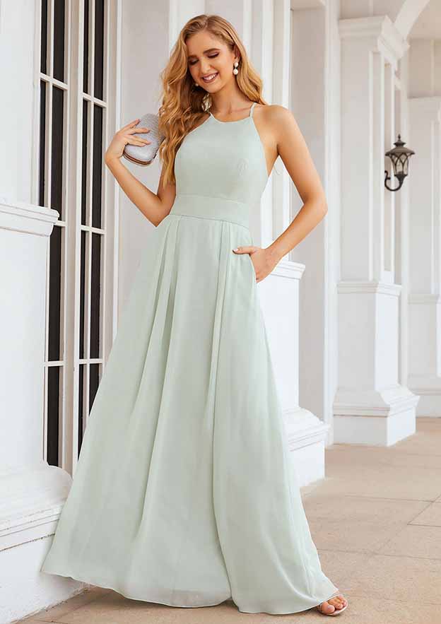 Floor-Length Chiffon Bridesmaid Dress, A-Line Style, Scoop Neck, Sleeveless, Pleats, And Pockets BM bride
