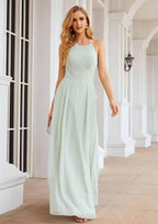 Floor-Length Chiffon Bridesmaid Dress, A-Line Style, Scoop Neck, Sleeveless, Pleats, And Pockets BM bride