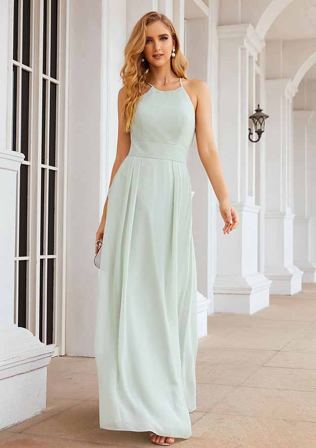 Floor-Length Chiffon Bridesmaid Dress, A-Line Style, Scoop Neck, Sleeveless, Pleats, And Pockets BM bride