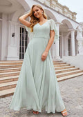 Floor-Length Chiffon Bridesmaid Dress, A-Line Shape, V-Neck, Short Sleeves BM bride