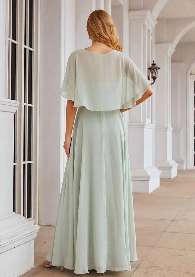 Floor-Length Chiffon Bridesmaid Dress, A-Line Shape, V-Neck, Short Sleeves BM bride