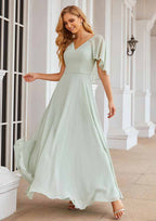 Floor-Length Chiffon Bridesmaid Dress, A-Line Shape, V-Neck, Short Sleeves BM bride