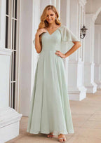 Floor-Length Chiffon Bridesmaid Dress, A-Line Shape, V-Neck, Short Sleeves BM bride
