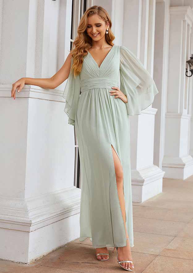 Sheath/Column V-Neck Floor-Length Chiffon Bridesmaid Dress, 3/4 Sleeves With Pleats BM bride