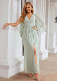 Sheath/Column V-Neck Floor-Length Chiffon Bridesmaid Dress, 3/4 Sleeves With Pleats BM bride