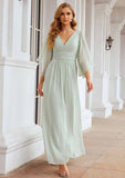Sheath/Column V-Neck Floor-Length Chiffon Bridesmaid Dress, 3/4 Sleeves With Pleats BM bride