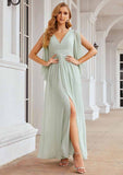 Sheath/Column V-Neck Floor-Length Chiffon Bridesmaid Dress, 3/4 Sleeves With Pleats BM bride