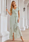 Asymmetrical Chiffon Bridesmaid Dress With V-Neck, Short Sleeves, Ruffles, Waistband, Split, And Sheath/Column Cut BM bride