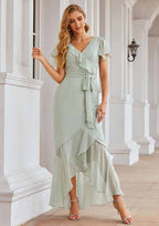 Asymmetrical Chiffon Bridesmaid Dress With V-Neck, Short Sleeves, Ruffles, Waistband, Split, And Sheath/Column Cut BM bride