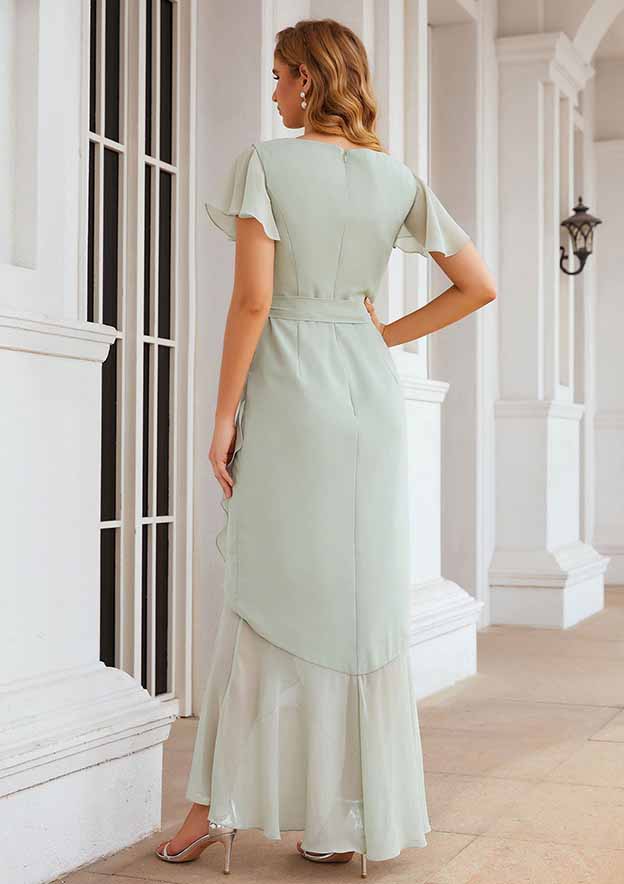 Asymmetrical Chiffon Bridesmaid Dress With V-Neck, Short Sleeves, Ruffles, Waistband, Split, And Sheath/Column Cut BM bride