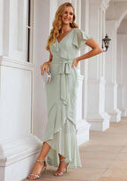 Asymmetrical Chiffon Bridesmaid Dress With V-Neck, Short Sleeves, Ruffles, Waistband, Split, And Sheath/Column Cut BM bride
